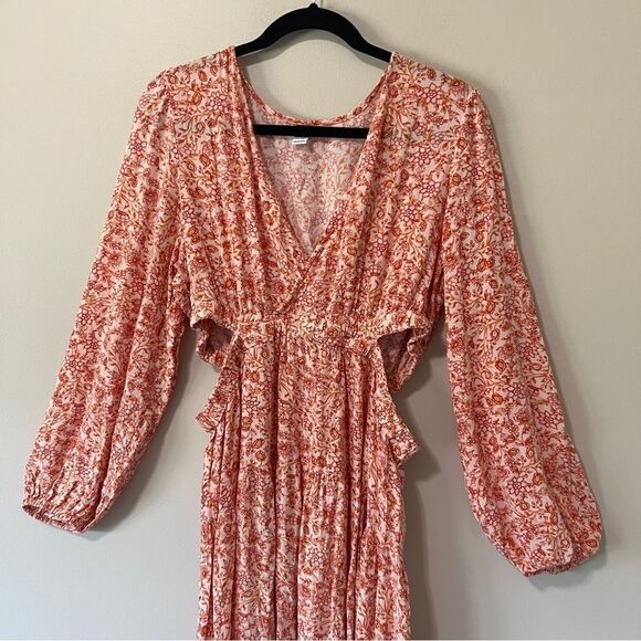 Old Navy Waist-Defined Orange Red Crepe Side-Cutout Floral Maxi Dress Large - Picture 6 of 10